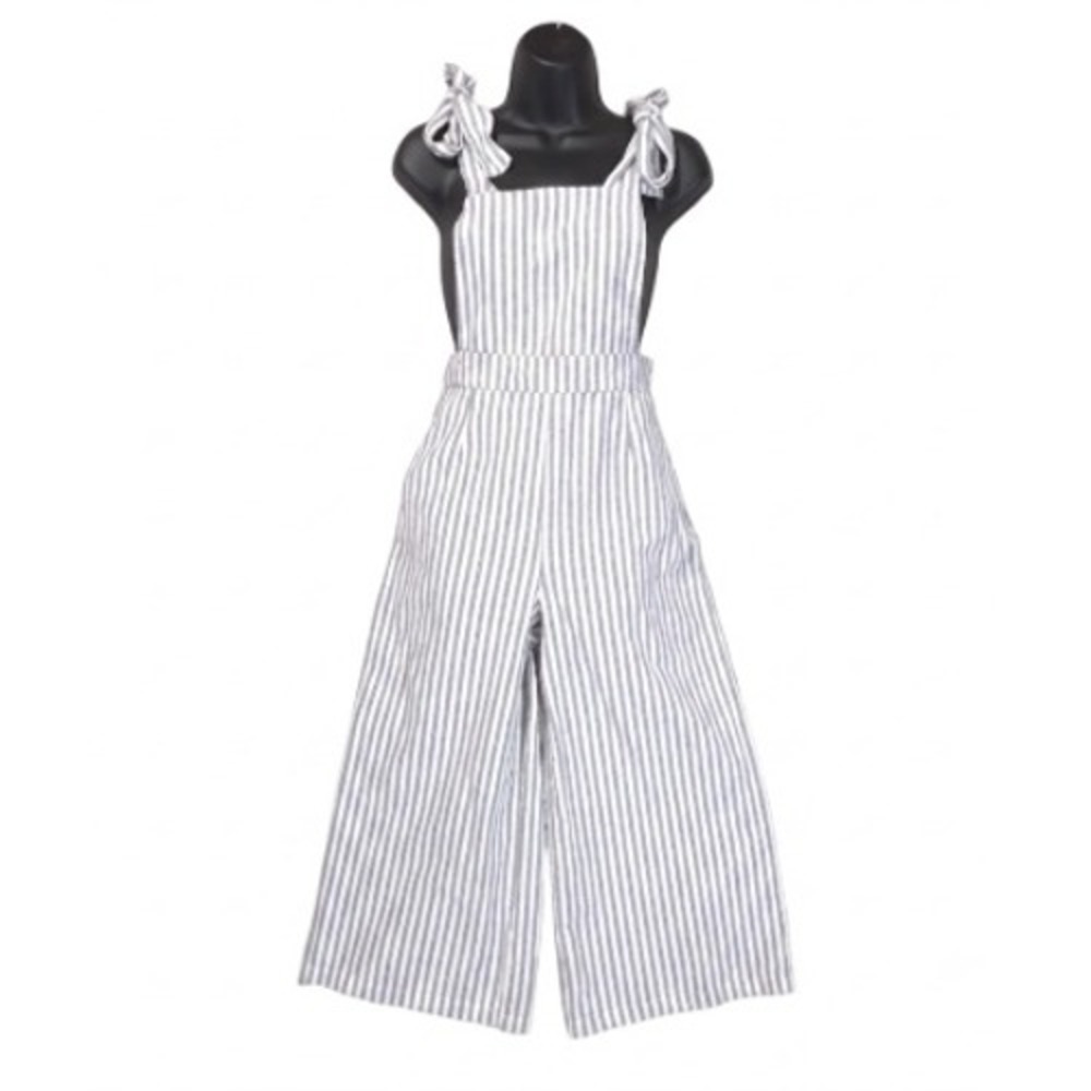 Forever 21 Tie Shoulder Overalls Women M Stripe Wide Leg Grey White Resort Boho